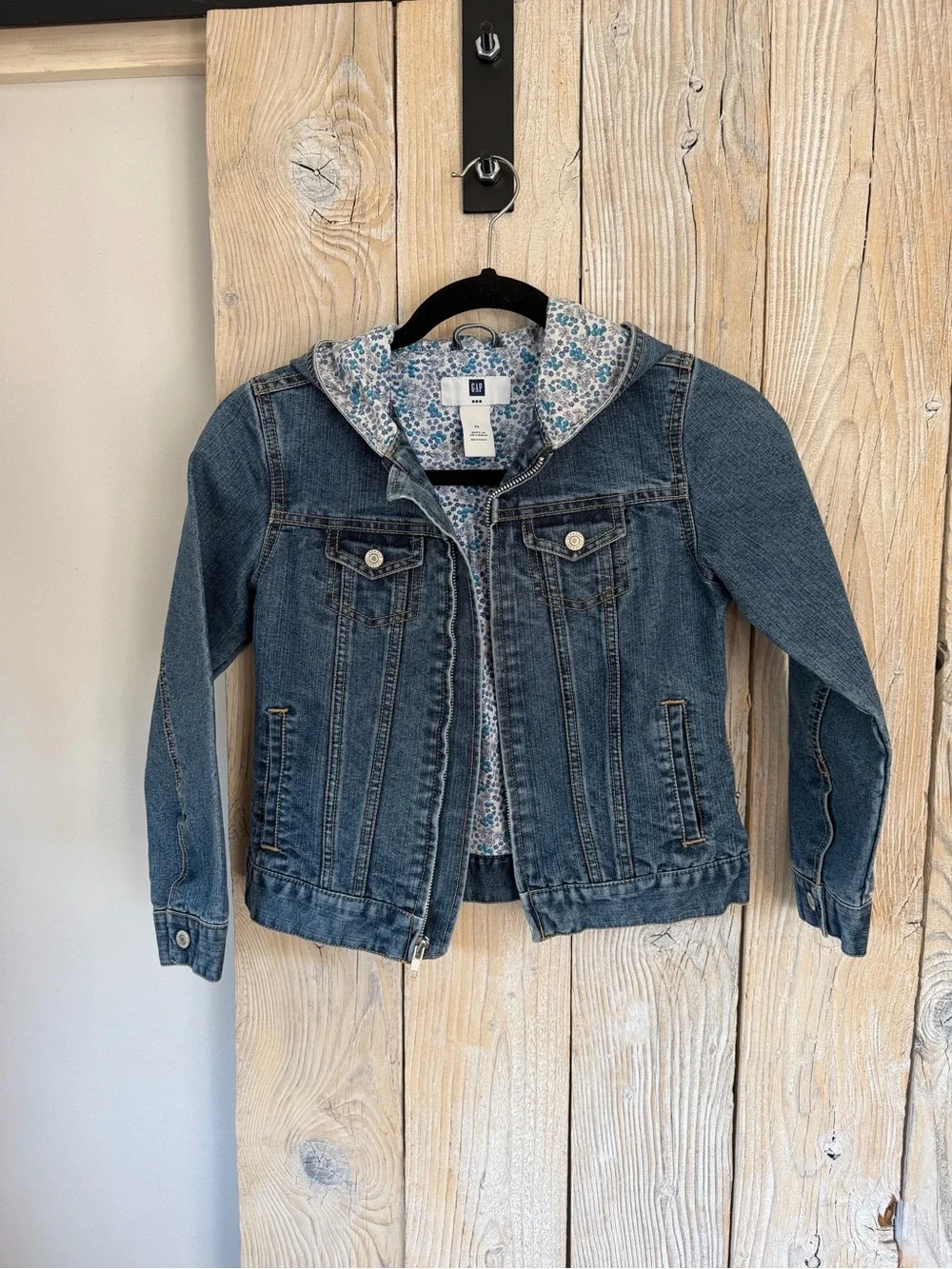 GAP Blue Denim Jacket with Floral Hood Lining